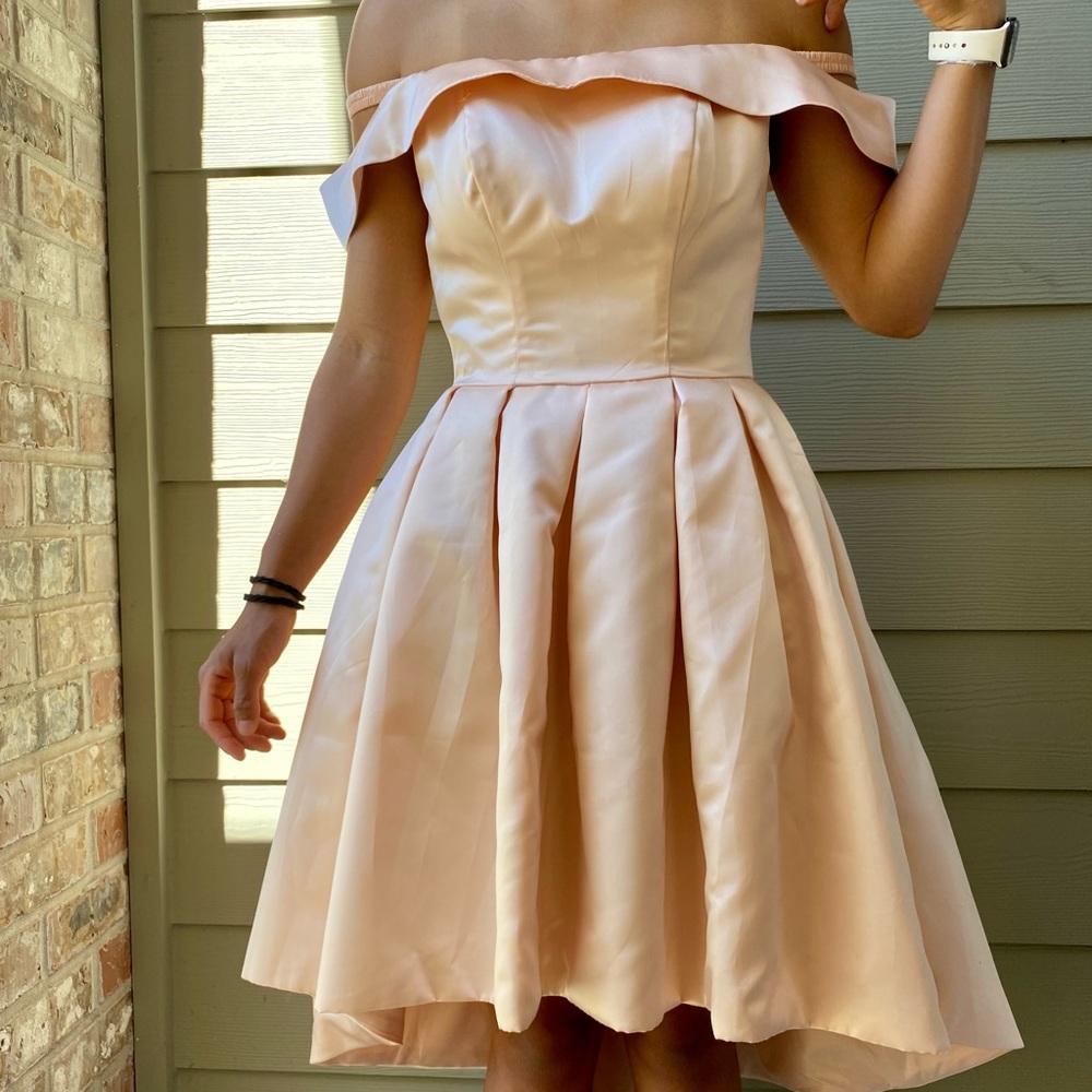 Peachy pink homecoming, prom, or bridesmaid dress